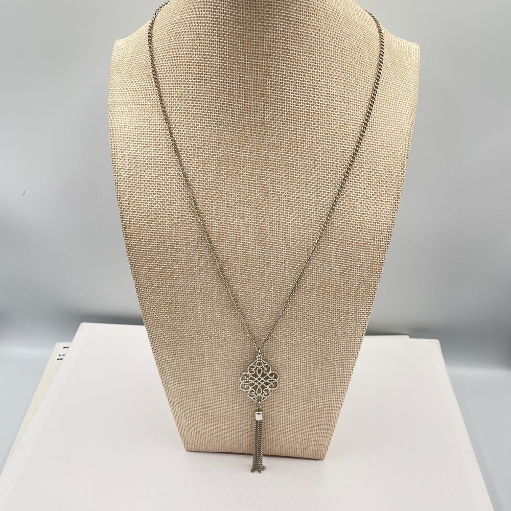 Vintage Silver Tone Filigree Open Work Pendant Necklace Multi Strand Chain